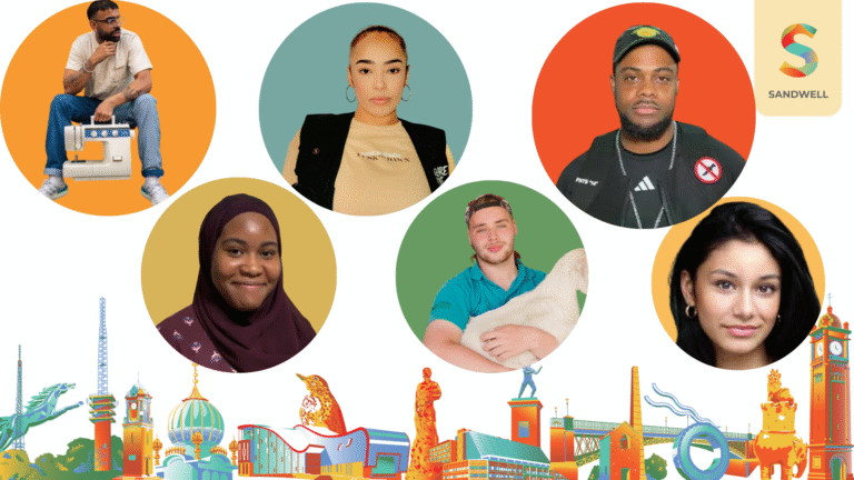 A mocked up image with coloured circles with peoples faces in them
