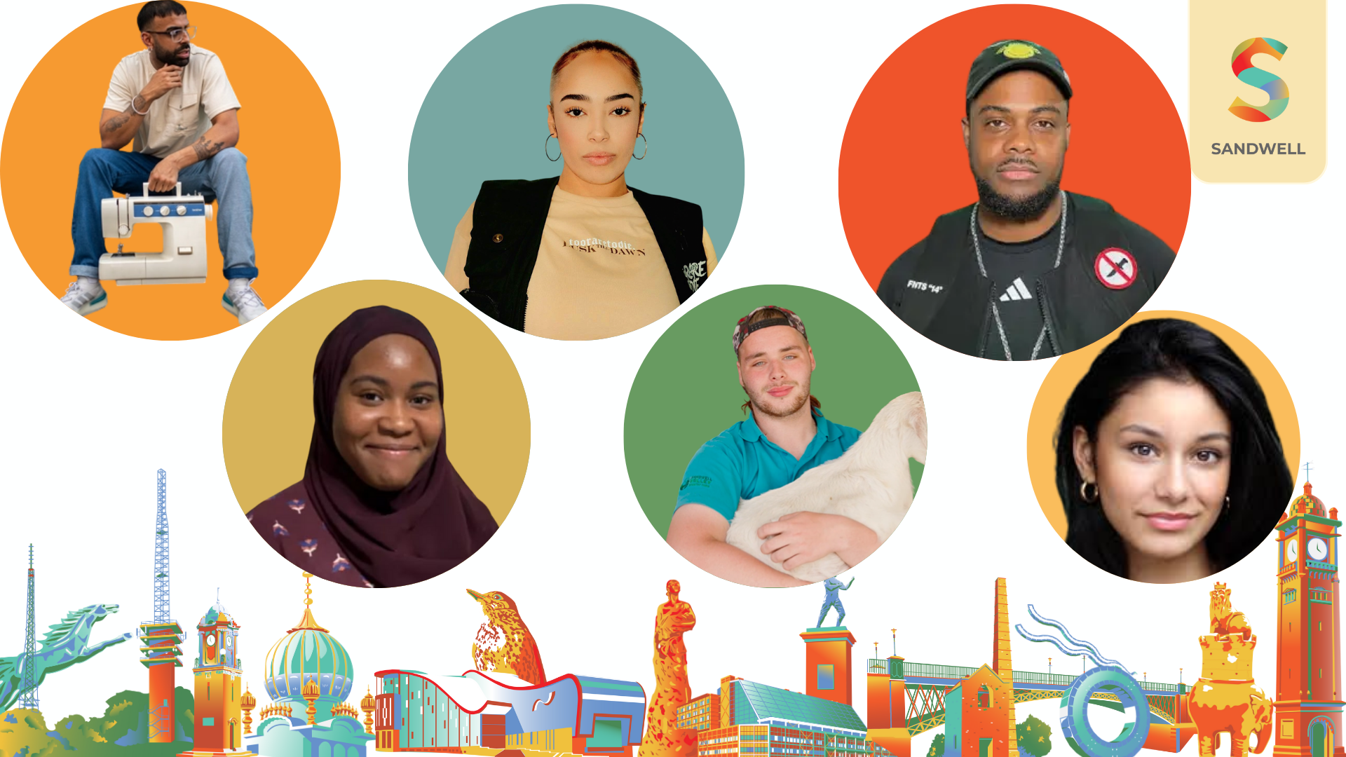 A mocked up image with coloured circles with peoples faces in them