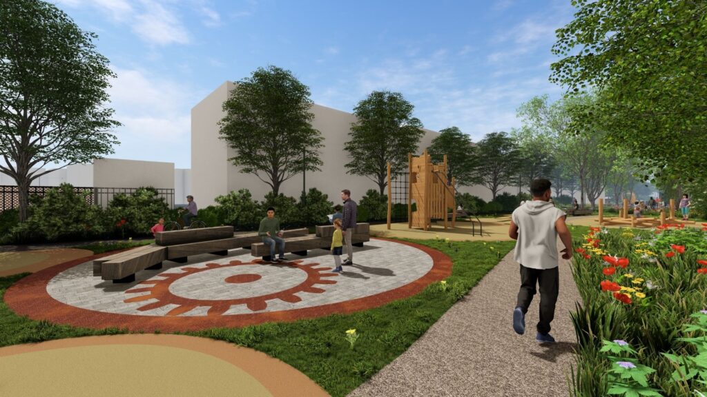 Graphic impression of some of the redevelopment plans for Tipton. Wooden bench seating, with paved and grass area in an oval shape is on the left, with figures of people walking and sitting by them. In the distance a wooden plan area can be seen lined with trees and grass/flower areas.