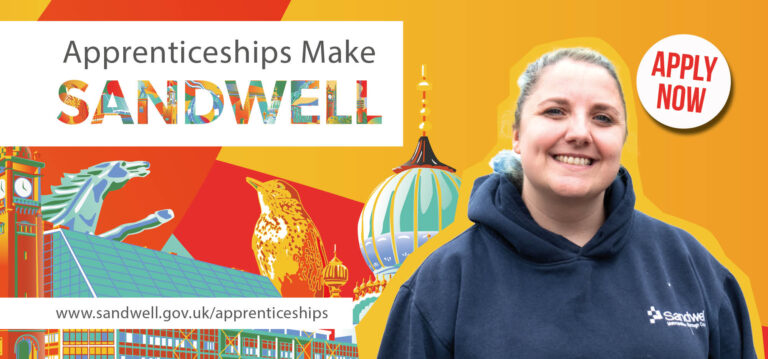 Apprenticeships Makes Sandwell banner. Woman in dark hoody smiling at camera with Sandwell story motif behind her and 'apply now' badge